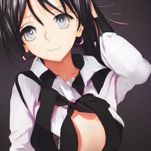 Image similar to full upper-body portrait of a cute anime girl with short black hair, attractive female, key anime visual, trending on Pixiv