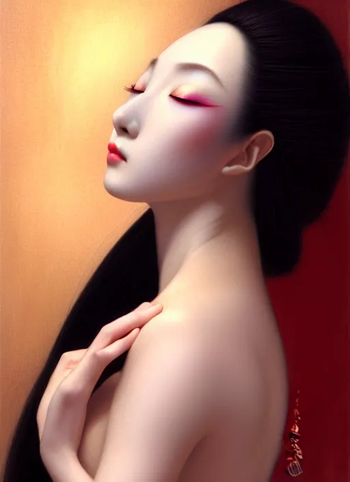 Image similar to organic seductive Geisha, pearlescent skin, diffuse lighting, fantasy, intricate, elegant pose, highly detailed, lifelike, photorealistic, digital painting, artstation, illustration, concept art, different point of view, smooth, sharp focus, art by John Collier and Albert Aublet and Leonardo da vinci and Moebius and Krenz Cushart