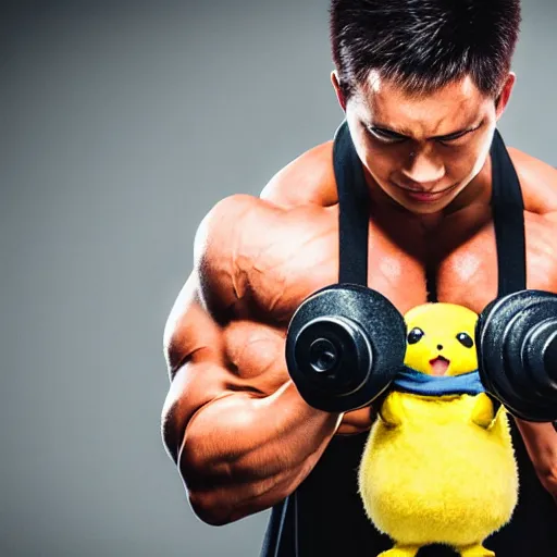 Image similar to pikachu as a muscular bodybuilder in the gym lifting weights, 5 0 mm, high quality lighting