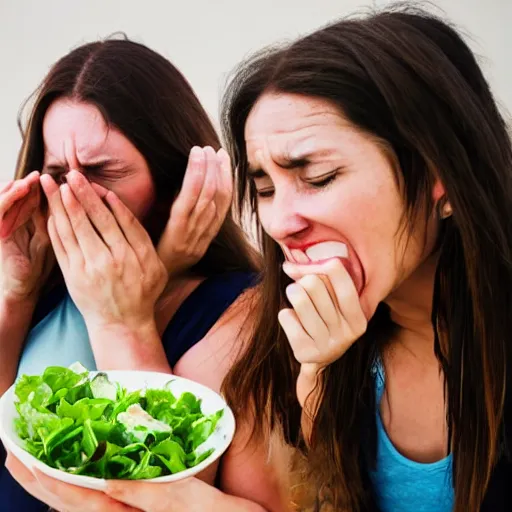 Prompt: Women crying and drinking salad