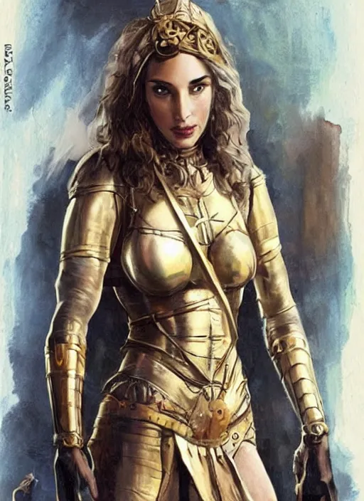 Prompt: highly detailed steampunk gal gadot as a blond standing, iron age : leonardo da vinci, greg rutkowski, magali villeneuve