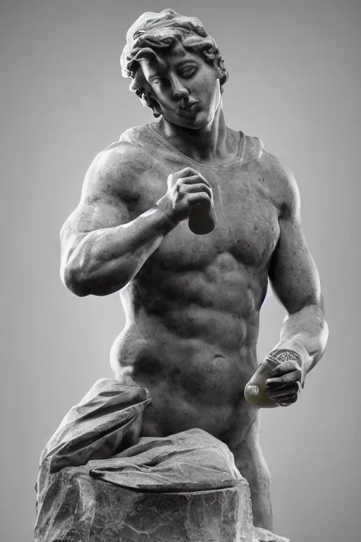 Prompt: marble sculpture of man in Adidas winter jacket sportswear holding a marble beer bottle, intricate sculpture, chiseled muscles, godlike, museum photo