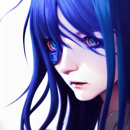 Image similar to attractive long blue - haired girl with bangs gothic anime character with amber eyes, screenshot, anime, sharp focus, intricate, illustration, cell shaded, digital painting, highly detailed, concept art, matte, art by ilya kuvshinov and kyoto animation and wlop, anime character, and greg rutkowski, studio quality, masterpiece