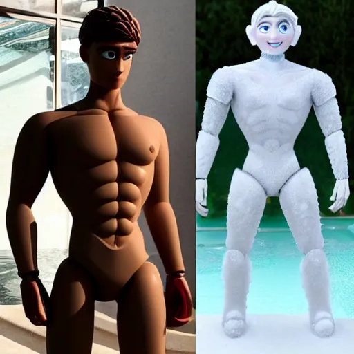 Image similar to twitch streamer / gamer ludwig, frozen ice statue, blank stare, a realistic detailed photo of a guy who is an attractive humanoid who is half robot and half humanoid, by the pool, posing like a statue, showing off his muscles, made of ice, shiny skin, on display, who is a male android, humanoid robot