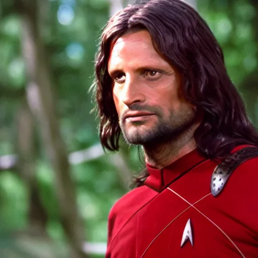 Image similar to Aragorn as Scotty on Star Trek: The Original Series, red shirt, no crop, face visible, sharp focus, high quality, very realistic, 4k