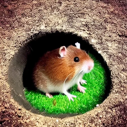 Prompt: “ little hamster coming out of a hole on a luxurious golf course ”