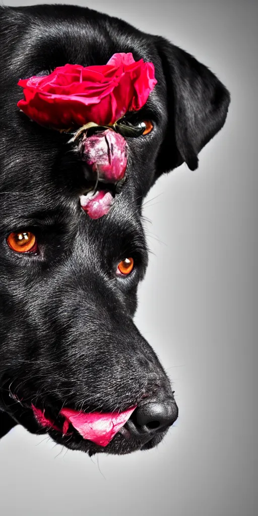 Prompt: black dog holding rose in his mouth, bright green eyes, studio lighting, 4 k, realistic, chromatic abberation, global illumination