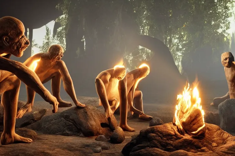 Prompt: still photo of ancient human ancestors discovering fire, highly detailed, photorealistic shot, bright studio setting, studio lighting, crisp quality and light reflections, unreal engine 5 quality render