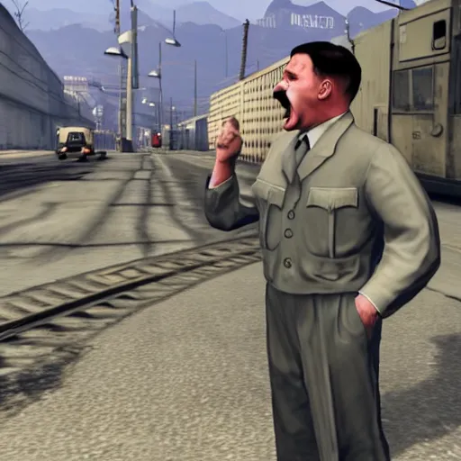 Image similar to still of adolf hitler screaming at people in gta v