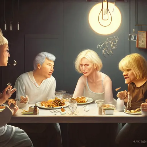 Image similar to michael mcintyre and middle aged blonde woman with short hair and a blonde woman with long hair having dinner, anatomy, bathed in light, highly detailed, photorealistic, artstation, smooth, sharp focus, illustration, unreal engine 5, 8 k, art by artgerm and greg rutkowski and edgar maxence