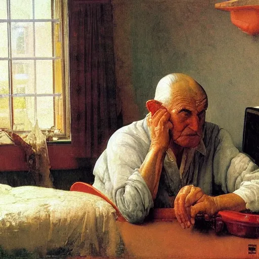 Image similar to weeping desperate grandpa trying to figure out how to order an online pizza sitting in his small room glaring at his lenovo thinkpad laptop t 4 1 0 8 gb ram norman rockwell leonardo da vinci giotto jamie wyeth greg rutkowski winslow homer thomas eakins lucian freud edward hopper j. m. w. turner oil painting