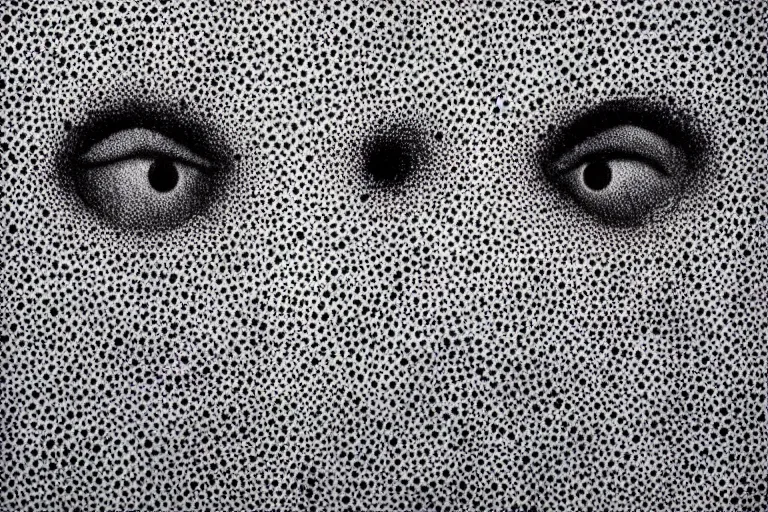 Image similar to face made out of mist, faceless people dark, dots, drip, stipple, pointillism, technical, abstract, minimal, style of francis bacon, asymmetry, pulled apart, cloak, hooded figure, made of dots, abstract, balaclava