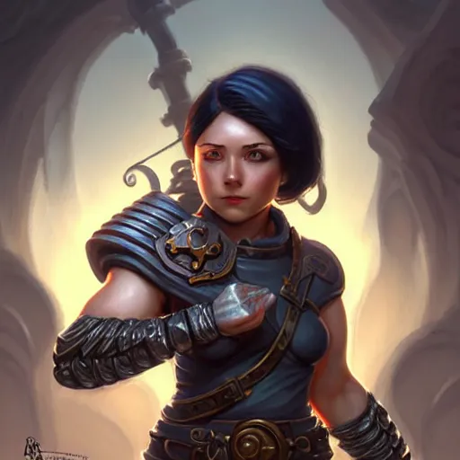 Image similar to muscular female gnome engineer artificer, metal gauntlet, short black hair, naval landscape, full body portrait, d & d, fantasy, intricate, elegant, highly detailed, digital painting, artstation, centred, rule of thirds, concept art, matte, sharp focus, illustration, cover by artgerm, art by greg rutkowski