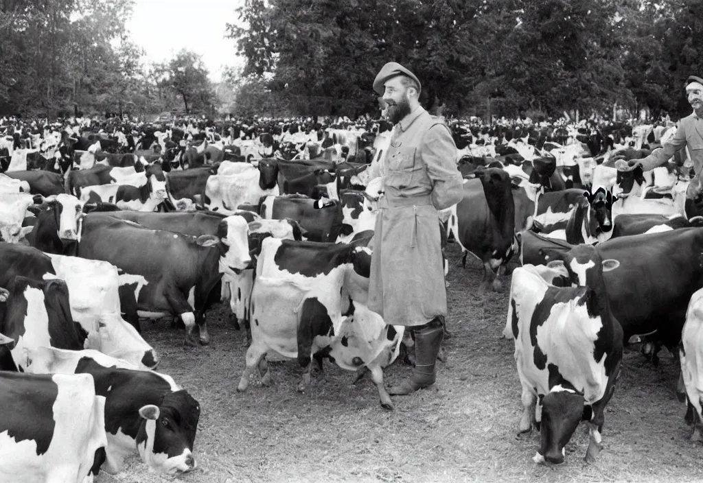 Image similar to jesus preaching to cows in nazi germany, dressed as a milkman