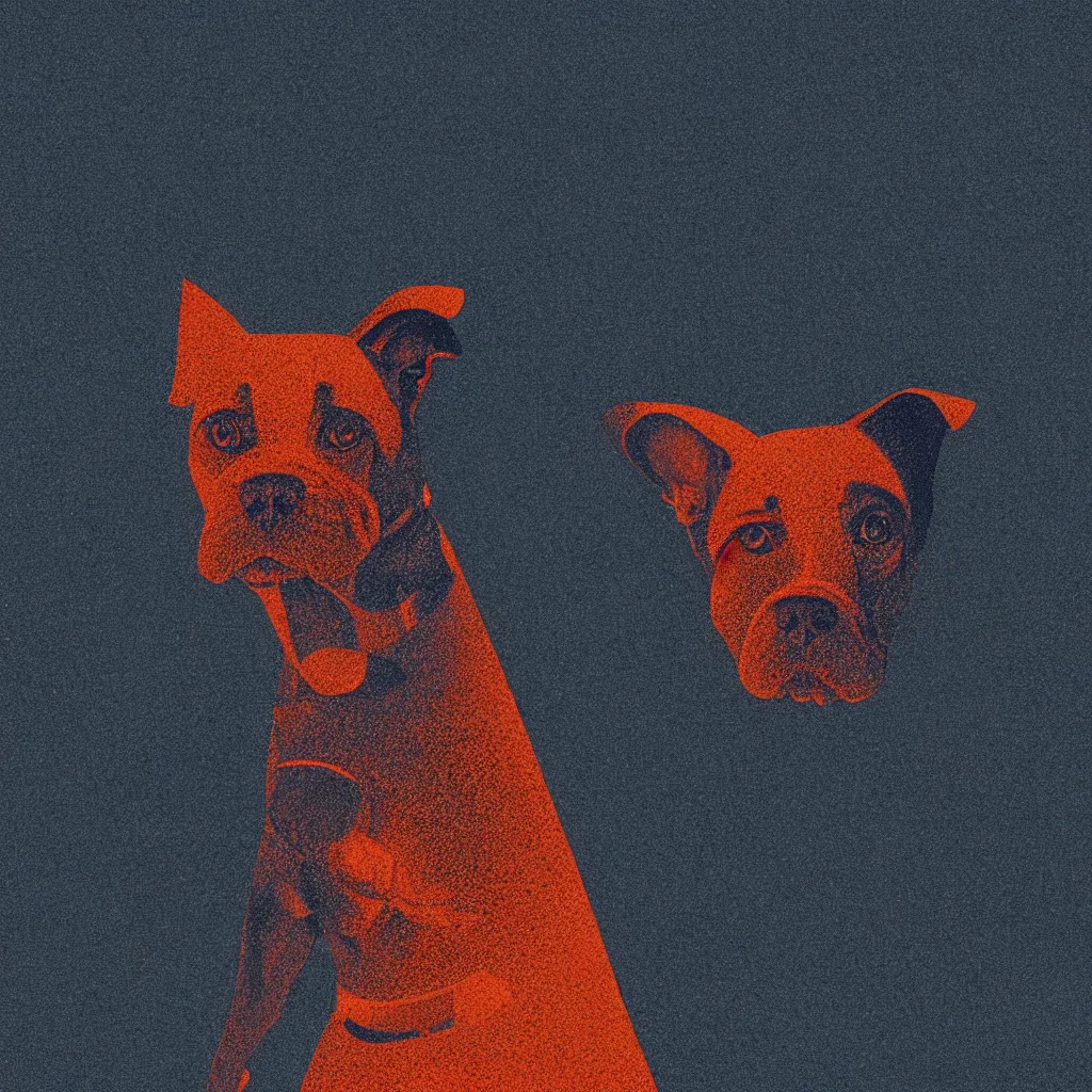 Prompt: dog meme by, mads berg, karolis strautniekas, film noir, stippled light, dramatic lighting, editorial illustration, detailed, fine texture, matte print, art deco, brutalism, dark blue + dark orange, red, black, ( ( habitat 6 7 background ) )