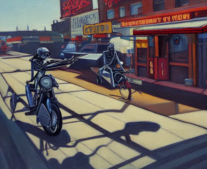 Prompt: a very detailed painting of a skeleton wearing a suit, riding a motorbike down a street, harley davidson motorbike, worm's - eye view, very fine brush strokes, very aesthetic, very futuristic, in the style of edward hopper and grant wood and syd mead, 4 k,