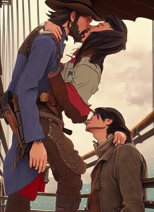 Image similar to mccree kissing hanzo on a bridge in the rain, path traced, highly detailed, high quality, digital painting, by studio ghibli and alphonse mucha, leesha hannigan, makoto shinkai, disney