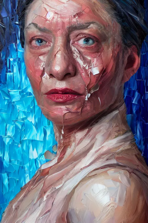 Prompt: palette knife oil painting portrait dr krystal knight, woman, late 4 0 s, eyes filled with icy hate, extreme detail, artstation trending, ice, cold, freezing, artgerm, any racial background, deviant art, octane, substance, art history 8 k