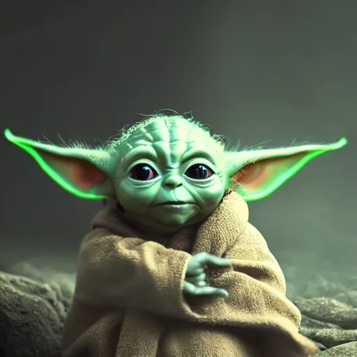 Image similar to full body pose, hyperrealistic photograph of baby yoda with a beard, dim volumetric lighting, 8 k, octane beautifully detailed render, extremely hyper detailed, intricate, epic composition, cinematic lighting, masterpiece, trending on artstation, very very detailed, stunning, hdr, smooth, sharp focus, high resolution, award, winning photo, dslr, 5 0 mm