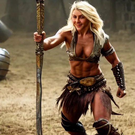 Image similar to julianne hough as a barbarian warrior, battle scene