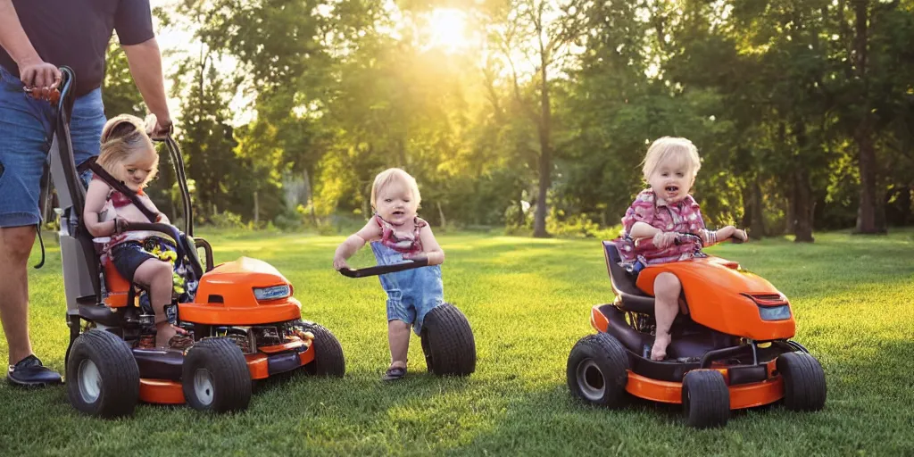 Image similar to a profile shot of a cute long haired toddler riding her tow lawn mower directly behind her father, who is sitting on a riding lawnmower, golden hour