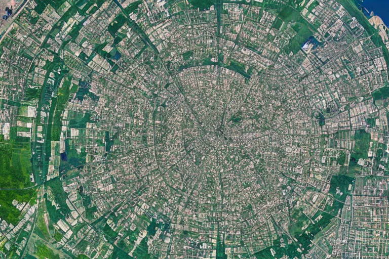 Image similar to satellite image of a large Soviet city with a large square green park in the middle