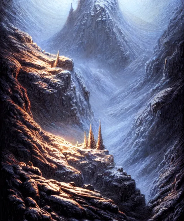 Prompt: hyperrealistic mixed media painting of cold mountain pass, stunning 3d render inspired art by P. Craig Russell and Barry Windsor-Smith + dim volumetric lighting, dizzy, full body, 8k octane beautifully detailed render, post-processing, extremely hyperdetailed, intricate, epic composition, grim yet sparkling atmosphere, cinematic lighting + masterpiece, trending on artstation, very very detailed, masterpiece, stunning