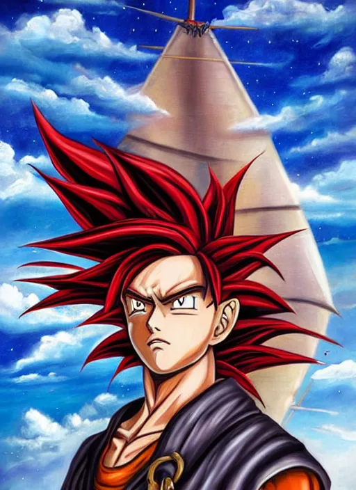 Image similar to epic fantasy portrait painting of a long haired, red headed male sky - pirate in front of an airship in the style of the dragonball