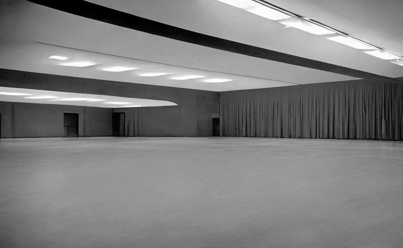 Image similar to 60s movie still of a giant stalinist style empty hall, by Irving Penn , cinestill 800t 35mm black and white, heavy grainy picture, very detailed, high quality, 4k, HD criterion, precise texture, panoramic, cinematic