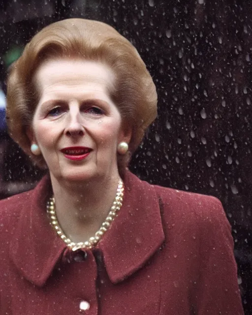 Image similar to margaret thatcher drenched in torrential rainstorm, full body, atmospheric moody hyper realistic award winning color cinematic still 8 k