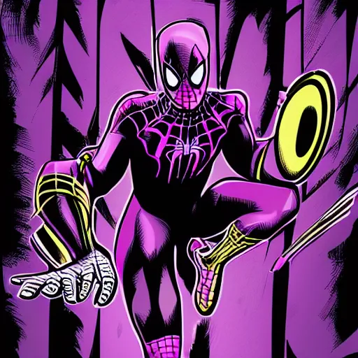 Image similar to black and purple spiderman drawn in comic book art style by steve ditko, 4 k digital art