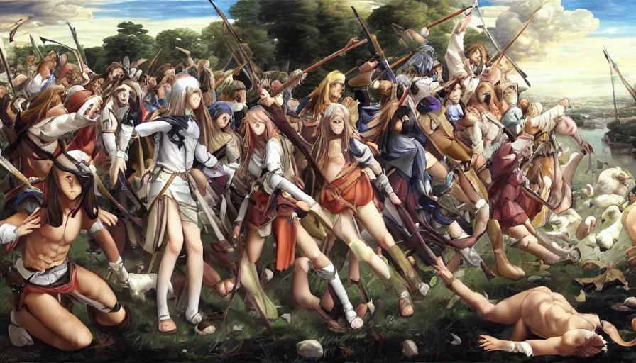 Image similar to jesus christ our lord leading an army of anime girls into battle, photorealistic, anime, mini skirt, long hair, renaissance painting, hyper real, detailed, wide angle shot, ultra detailed