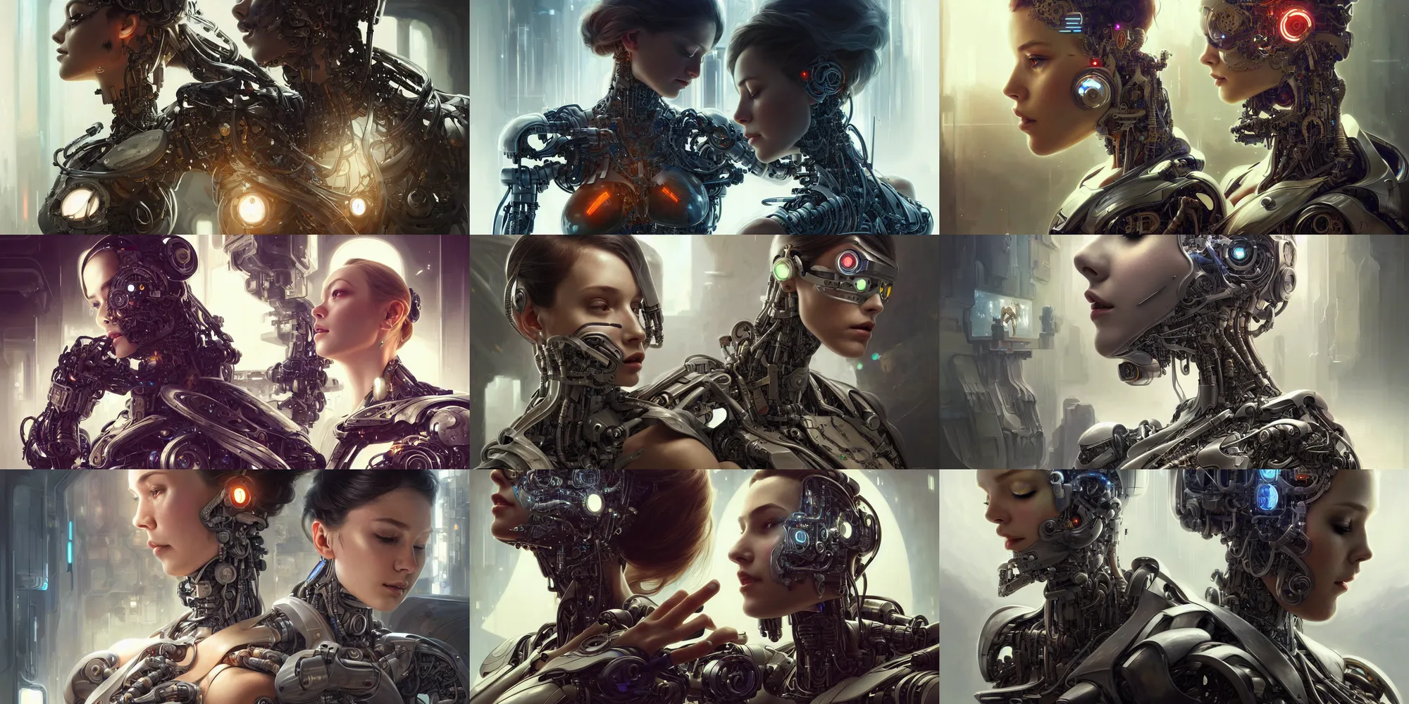 Prompt: Ultra realistic illustration, beautiful alluring damaged cyborg being put back together in an super advanced military medical bay, gorgeous face, cyberpunk, sci-fi, fantasy, intricate, elegant, highly detailed, digital painting, artstation, concept art, smooth, sharp focus, illustration, art by artgerm and greg rutkowski and alphonse mucha