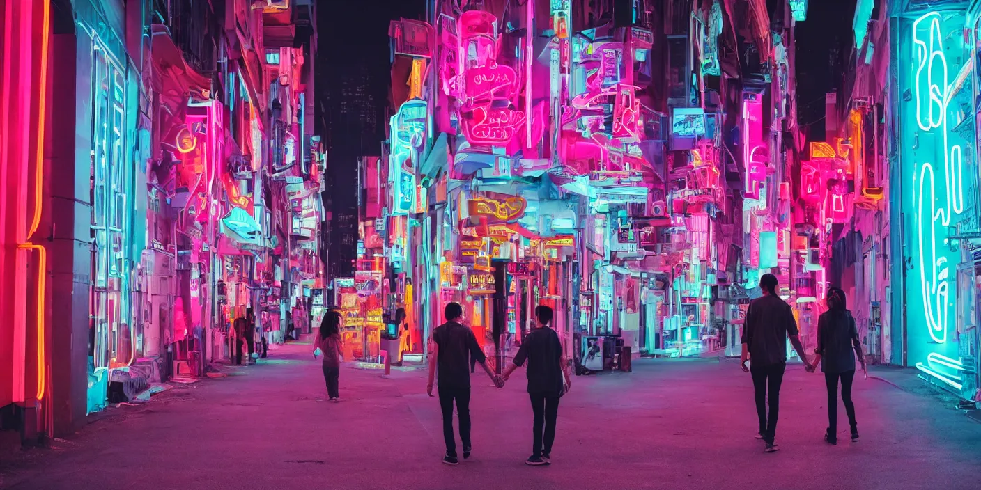 Prompt: A couple walks on the streets of a futuristic city having neon signage on building, intricate, detailed, aesthetic, vibrant, unique, realistic, candid