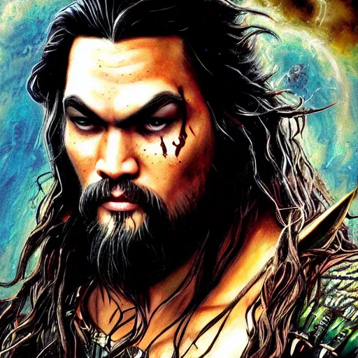 Prompt: An epic fantasy comic book style portrait painting of a very beautiful Jason Momoa in Avatar (2009) character design by Mark Ryden and Pixar and Hayao Miyazaki, unreal 5, DAZ, hyperrealistic, octane render, cosplay, RPG portrait, dynamic lighting, intricate detail, summer vibrancy, cinematic