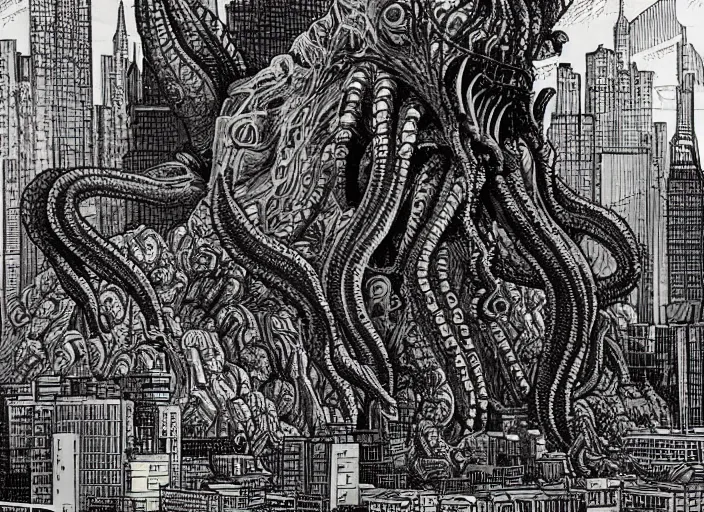Prompt: A Cthulhu destroying a city by Jean Giraud, trending on Artstation, massive scale