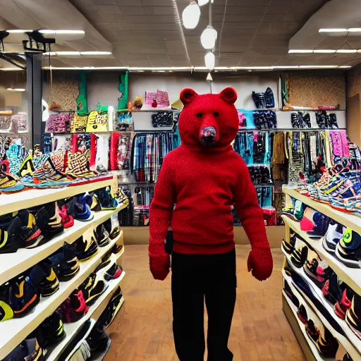 Prompt: a photograph of a man poorly cosplaying as a bear, he is in a shoe store, he is standing in between long store isles, vivid color, 50mm