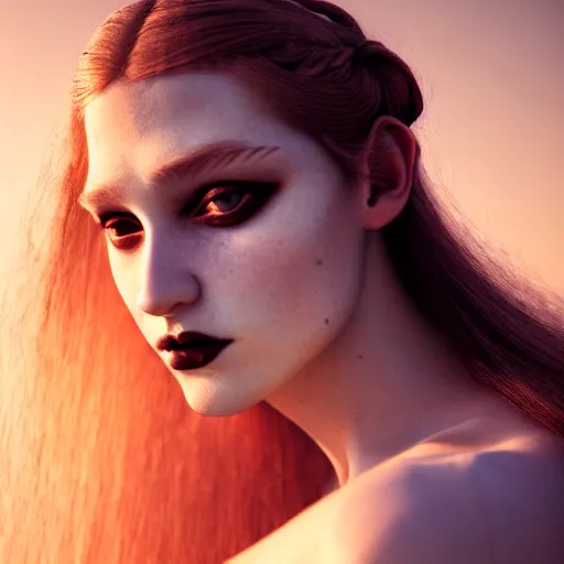 Prompt: photographic portrait of a stunningly beautiful female renaissance germanic goth pagan, in soft dreamy light at sunset, god rays, contemporary fashion shoot, by edward robert hughes, annie leibovitz and steve mccurry, david lazar, jimmy nelsson, breathtaking, 8 k resolution, extremely detailed, establishing shot, artistic, hyperrealistic, perfect face, octane render