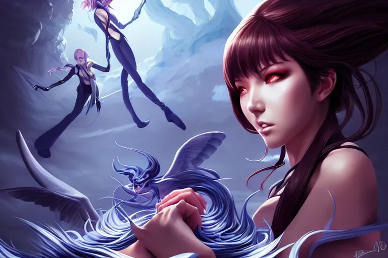 Image similar to surrealistic summoner girl fighting against surrealistic creatures, occlusion shadow, specular reflection, rim light, unreal engine, artgerm, artstation, art by hiroaki samura and ilya kuvshinov and ossdraws, intricate, highly detailed 8 k, fantasy illustration, extremely beautiful and aesthetic shape of face and clothes, movie poster