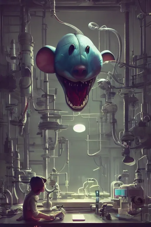 Prompt: many mechanics in lab facility looking at bloody disney mouse head lifted by claw, made by beeple, cgsociety, artgerm, greg rutkowski, highly detailed intricate 4 k art, low light cinematic, octane render, unreal engine, smooth concept art