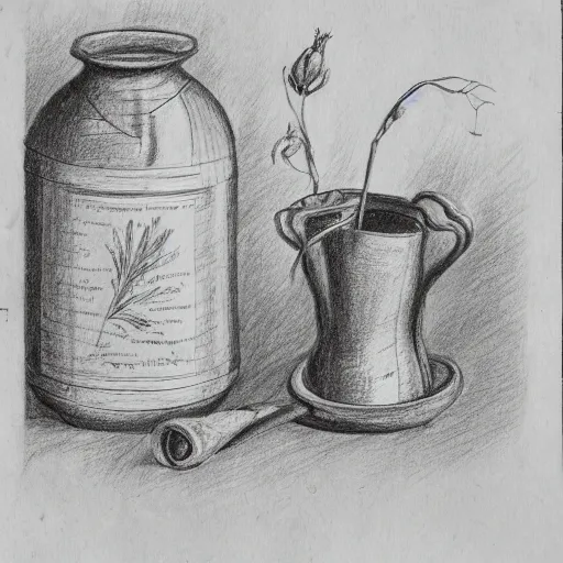 Image similar to an ancient drawing from a herbalist journal showing strange herbs, pencil, notes, old paper, heavy details.