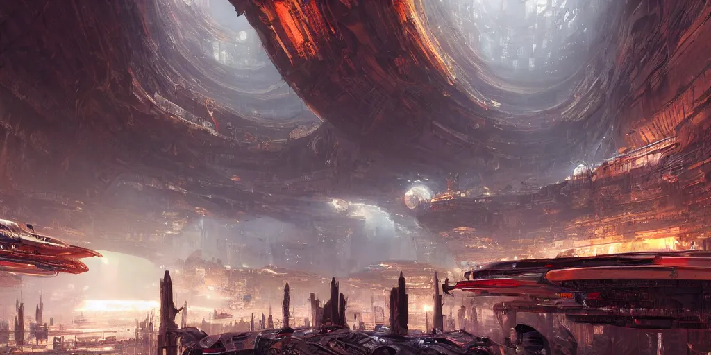 Prompt: a vibrant marketplace on the edge of space, in a massive cavernous iron city, dappled light, colossal arcing metal structures high in the cavernous metal interior, sci - fi, beautiful, awe inspiring, by james gurney, greg rutkowski, sparth, thomas kinkaide, cinematography, cinematic masterpiece