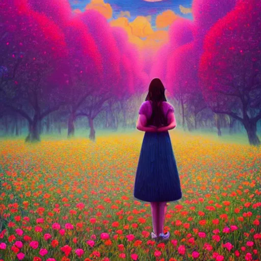 Prompt: full body girl with giant flower for a face, surreal photography, dream, dress made from the flower field she walks through, hills, big trees, sunrise dramatic light, impressionist painting, colorful clouds, digital painting, pointillism, artstation, simon stalenhag