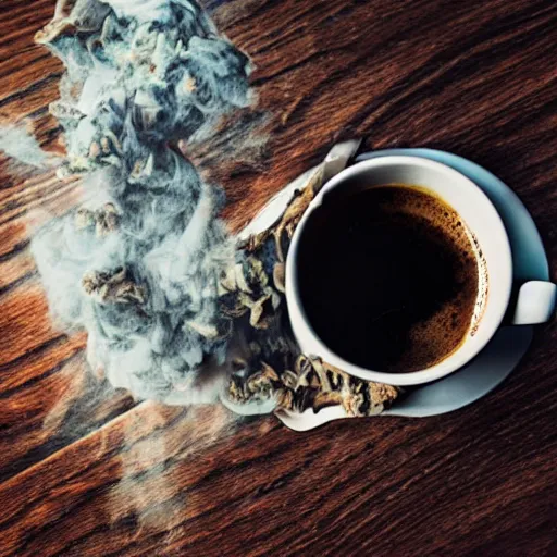 Prompt: a coffee cup with smoke coming from it, on the table it has marijuana blunts