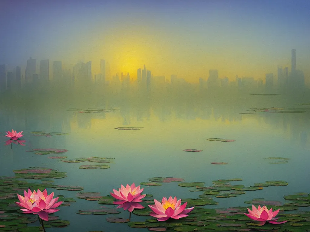 Prompt: impressionism painting of a pond of lotus on a foggy morning, sun low on horizon through skyscrapers, soft light, misty, hyper detailed