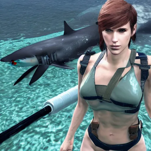 Image similar to quiet from metal gear solid v, swimming, wet, shark nearby