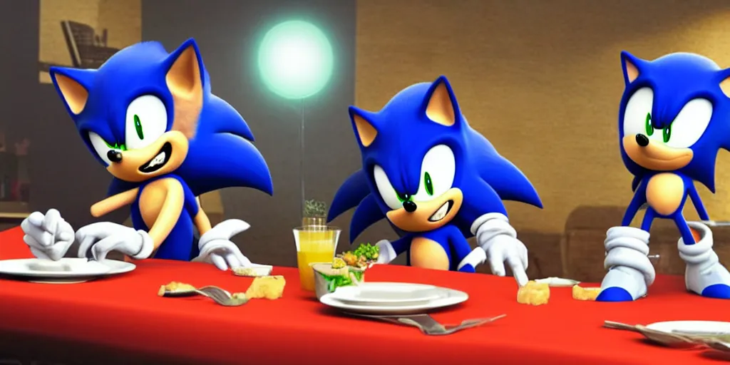 Image similar to A render of Sonic the Hedgehog sitting across from Shadow the Hedgehog in a dark restaurant, Sonic looks like he is shocked, Shadow is looking away in disgust, they both have hamburgers in front of them on a plate, movie, HDR, moody lighting, unique camera angle from the end of the table and between the two of them, orange candle lighting is glowing on their faces, romantic scene