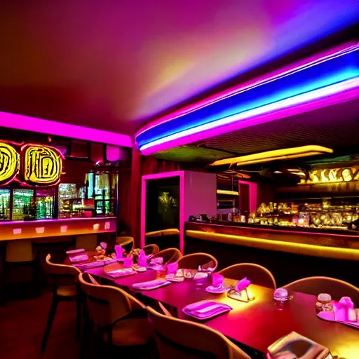 Prompt: photo of retro restaurant, iridescent, mood lighting, 8 k, cinematic