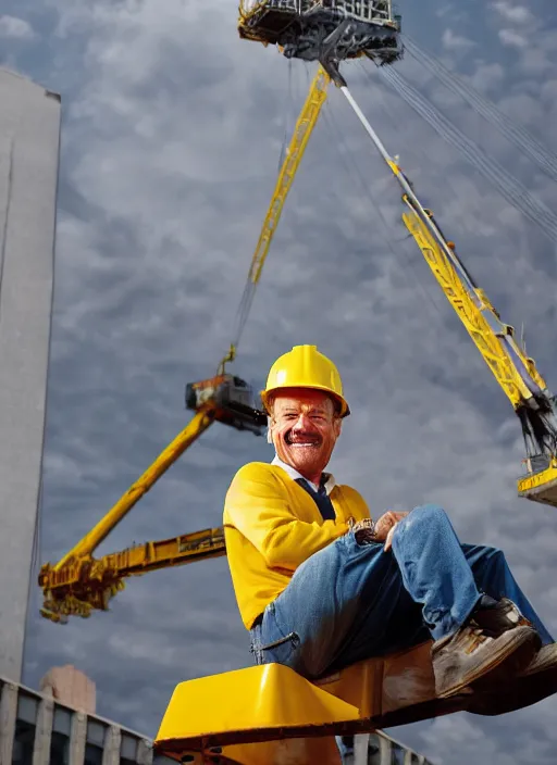 Image similar to closeup portrait of cheerful bryan cranston controlling a crane, sitting in a crane, yellow hardhat, sitting in a crane, natural light, bloom, detailed face, magazine, press, photo, steve mccurry, david lazar, canon, nikon, focus