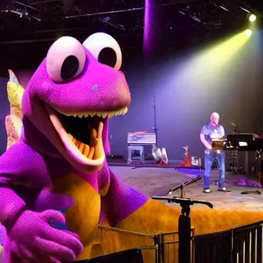 Image similar to Barney the Dinosaur from Barney and friends tv show leads a modern worship service, backlit, dramatic stage lighting, fog